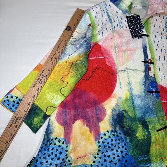 Creation Art Attack Womens L Blouse 3/4 Sleeve Toggle Button Wire Collar Top EUC - Picture 6 of 11